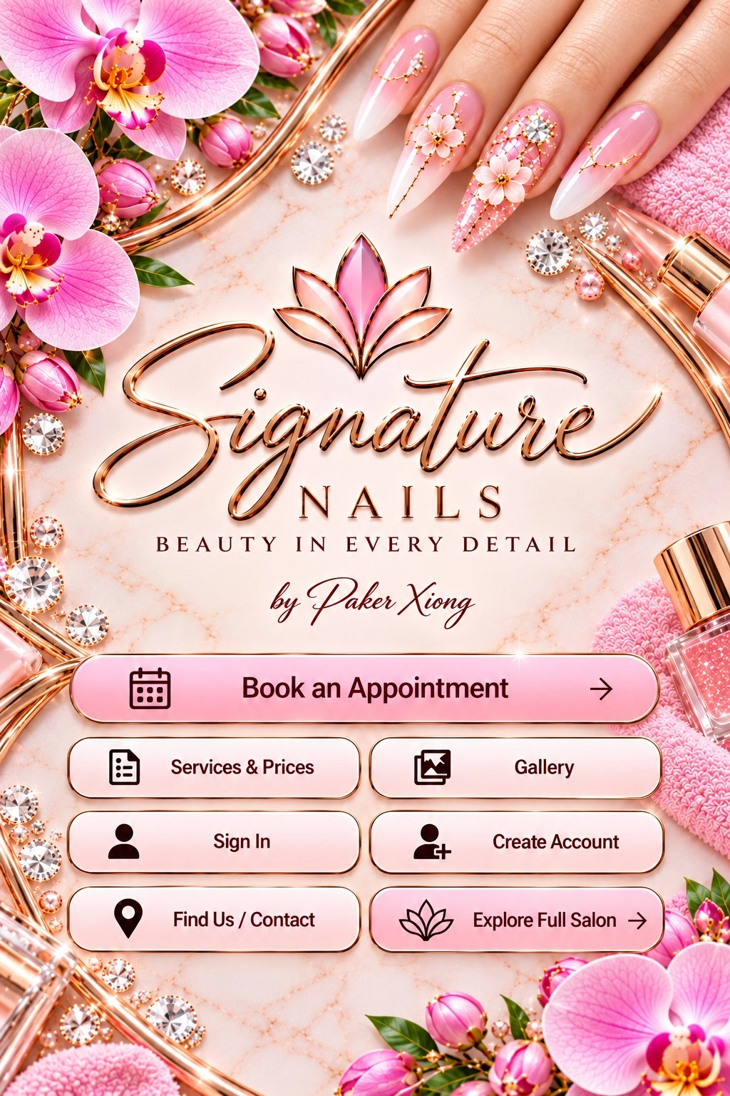 Signature Nails by Paker Xiong. Beauty in every detail. Original portrait artwork with orchids, decorated nails and rose-gold lotus.
