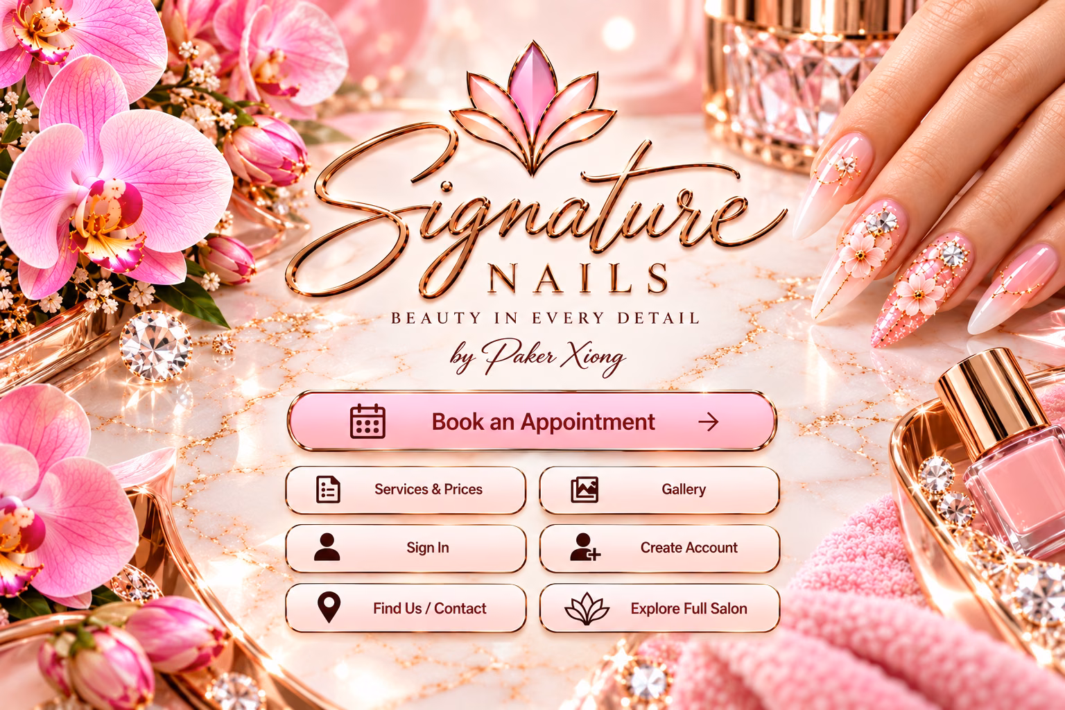 Signature Nails by Paker Xiong. Beauty in every detail. Pink orchids, gold accents and decorated nails.